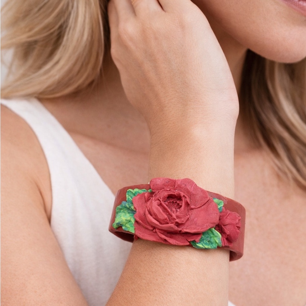 Handmade Red Rose Cuff Bracelet, Romantic Artisan Jewelry Polymer Clay Bracelet - Picture 3 of 9